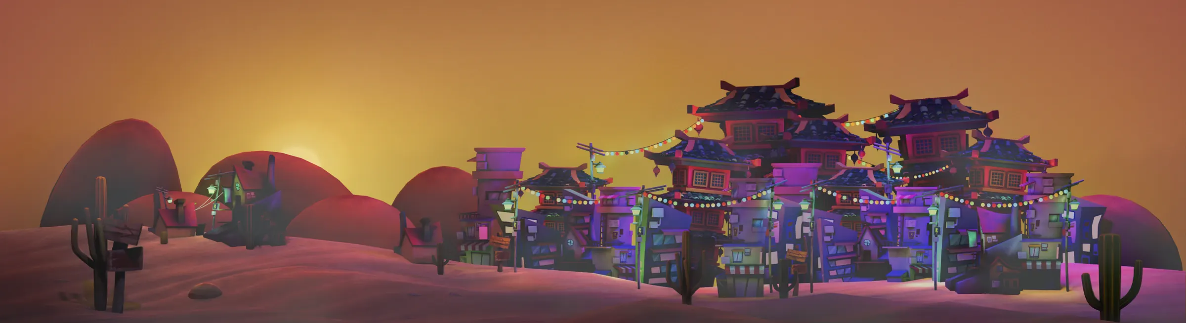 A desert town at dusk: stacked, neon-lit houses and pagoda roofs strung with festival lights.